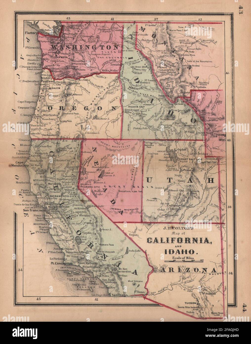 Colton's map of California & Idaho. Oregon Washington Montana Utah Arizona 1864 Stock Photo