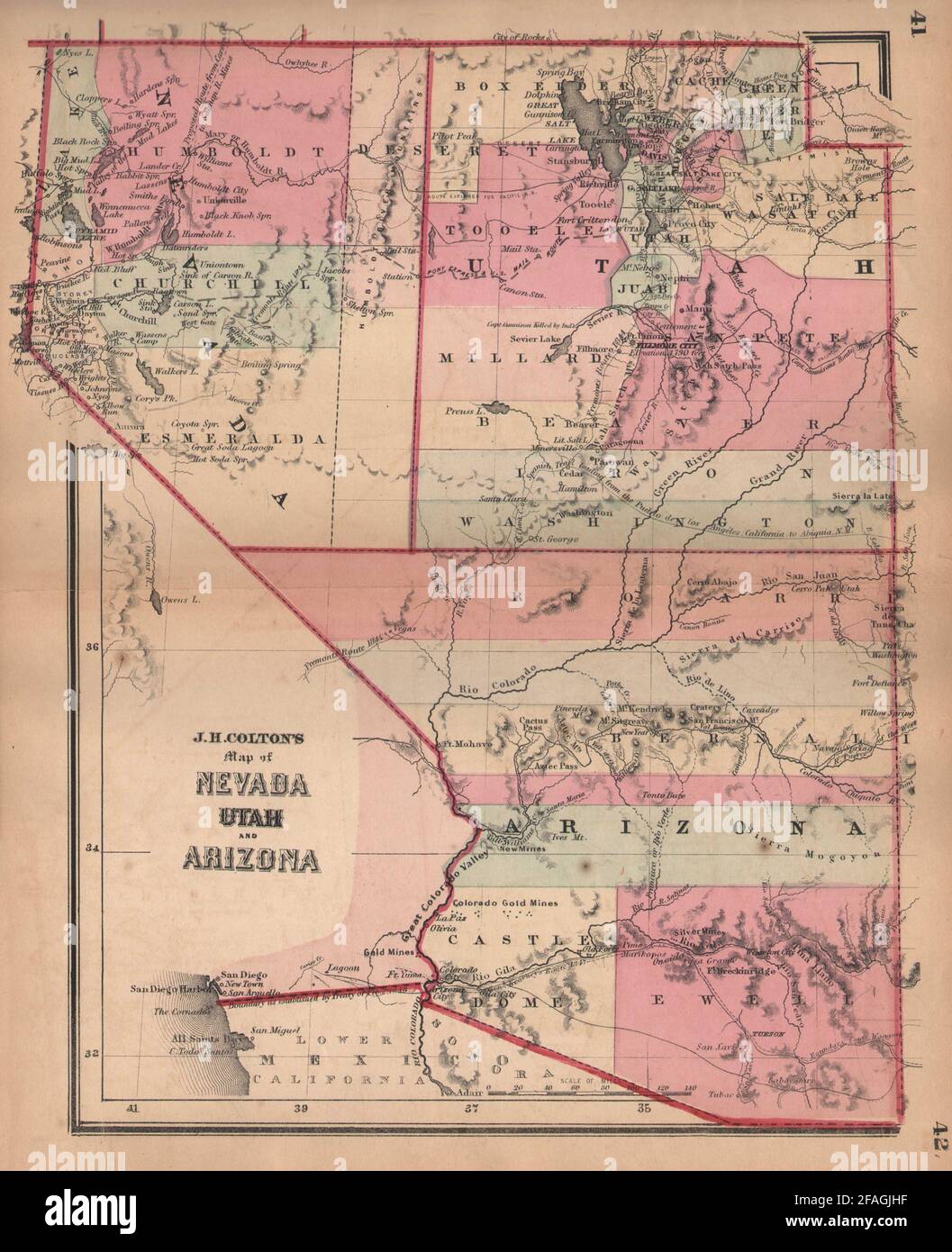 J. H. Colton's map of Nevada, Utah and Arizona 1864 old antique plan