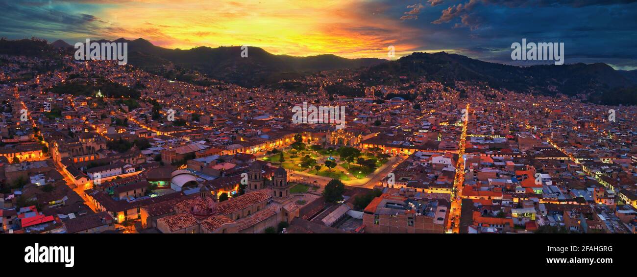 sunset of the main square of cajamarca Stock Photo