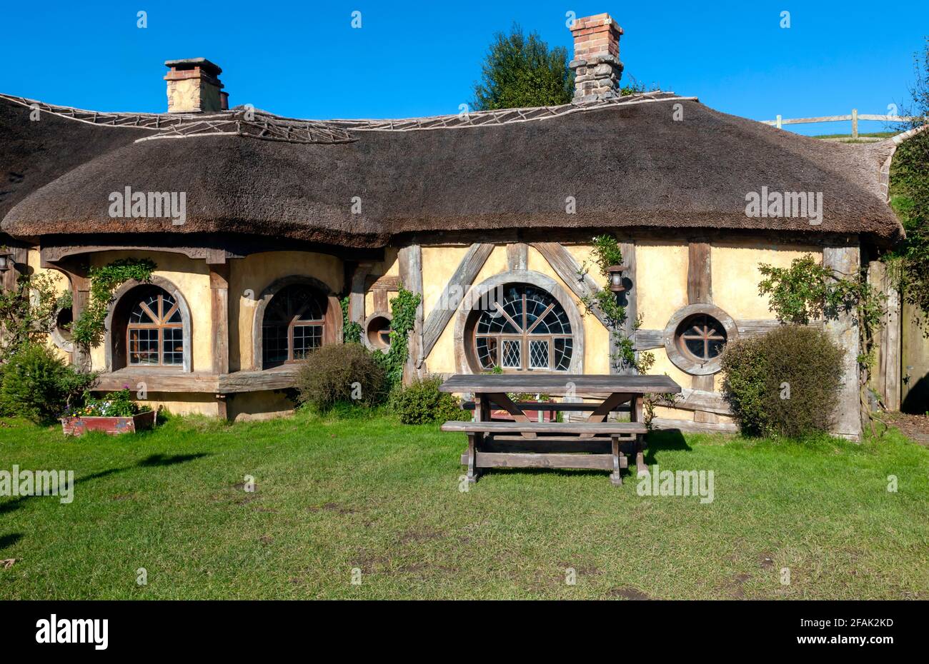 Close-up exterior view  of the Green Dragon Inn, Hobbiton Movie Set Matamata, Waikato, New Zealand Stock Photo