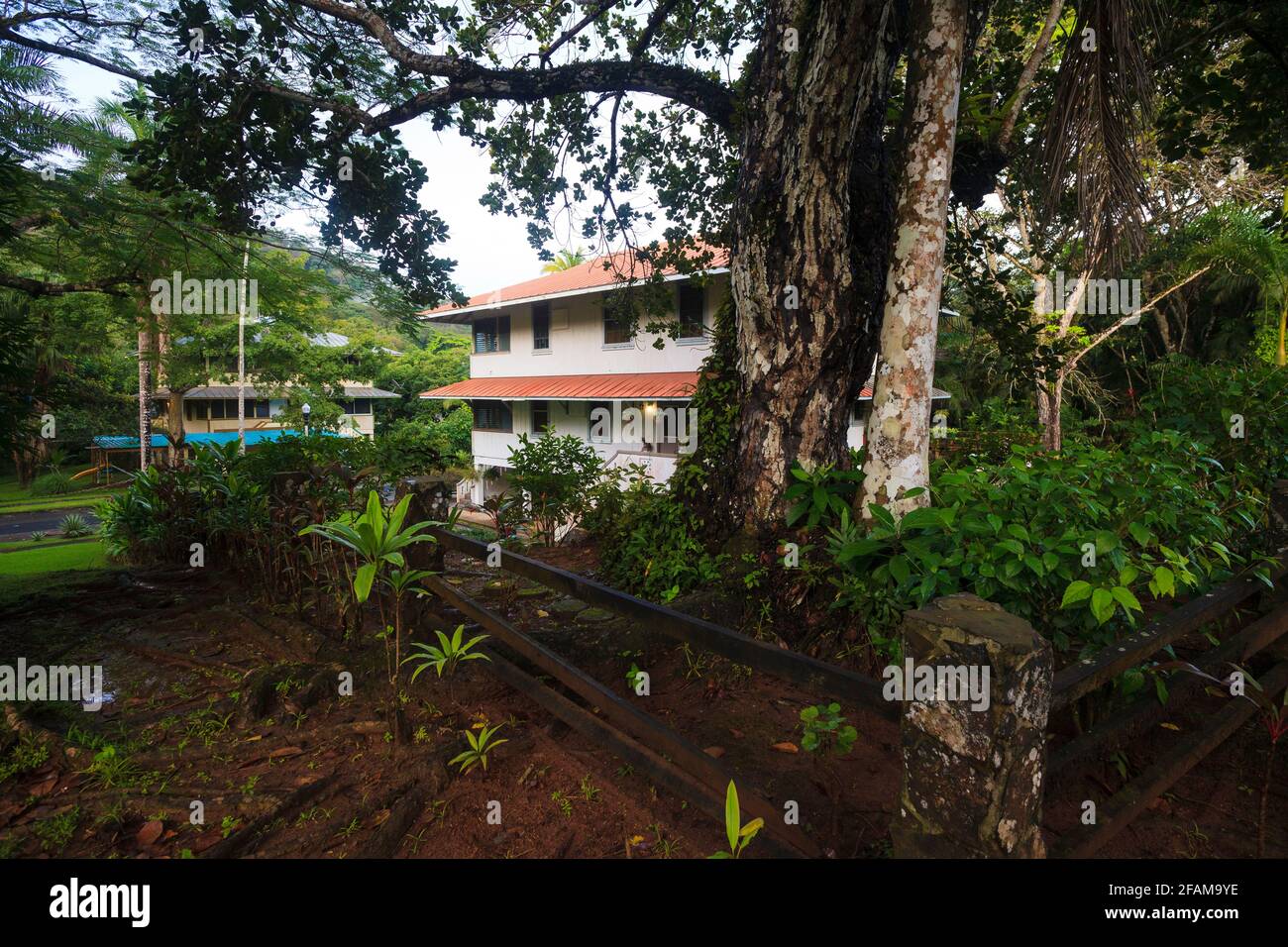 House and garden in the town of Gamboa, Colon province, Republic of Panama, Central America. Stock Photo