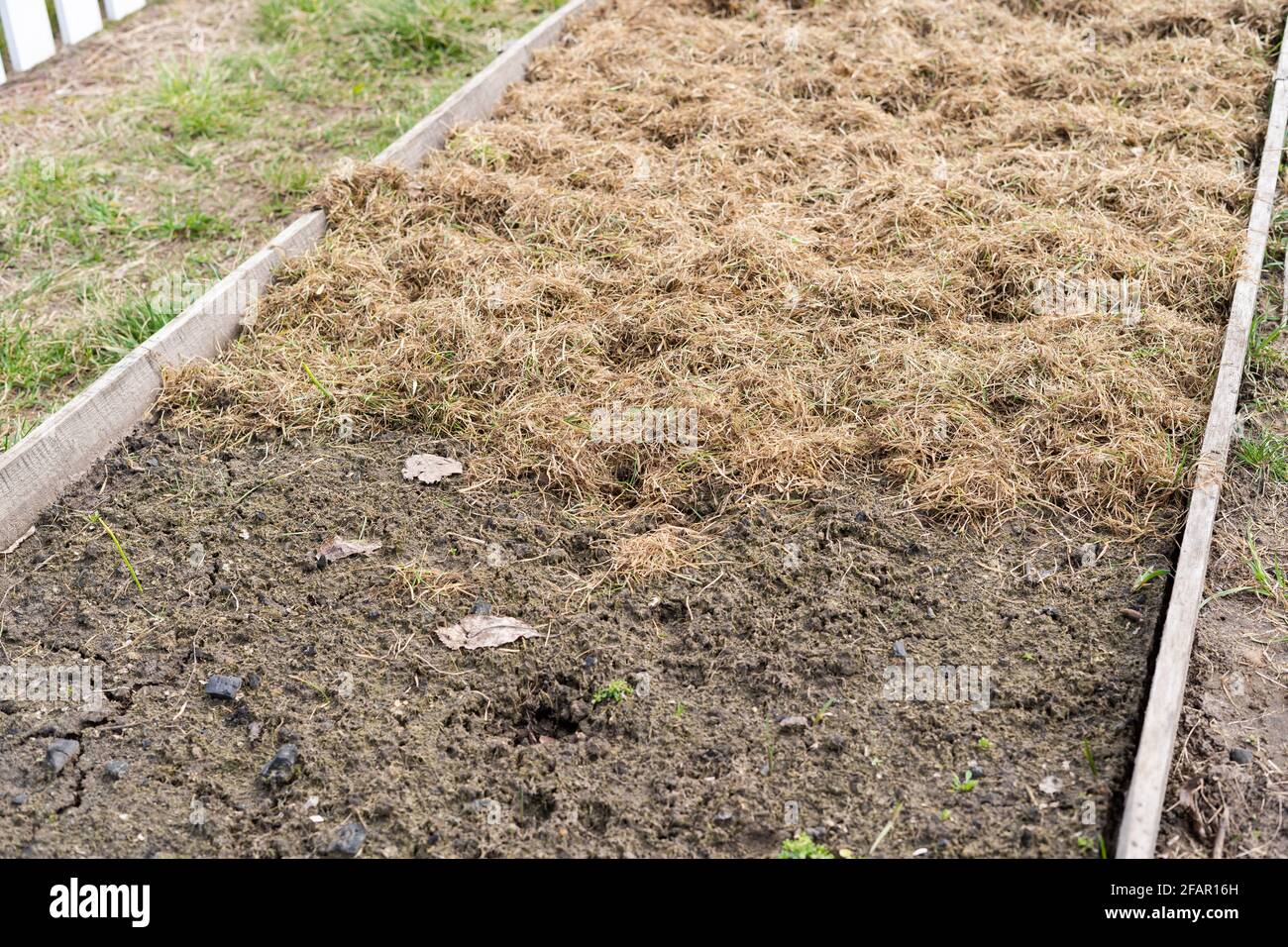 A bed before and after mulch coverage. Reuse of dry grass in
