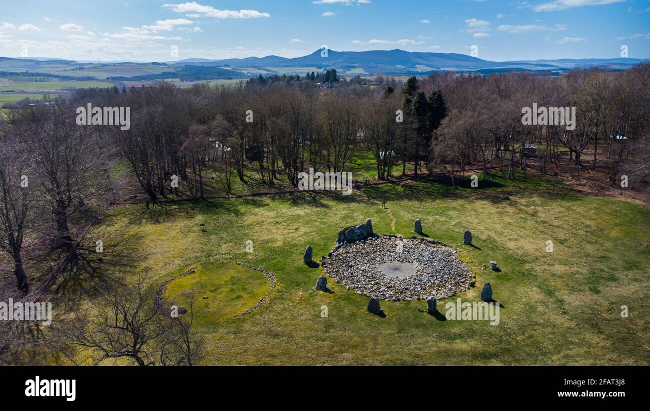 Loanhead of Daviot recumbent stone circle, ancient Pictish standing stones in Aberdeenshire, Scotland, with the hill Bennachie in the background Stock Photo