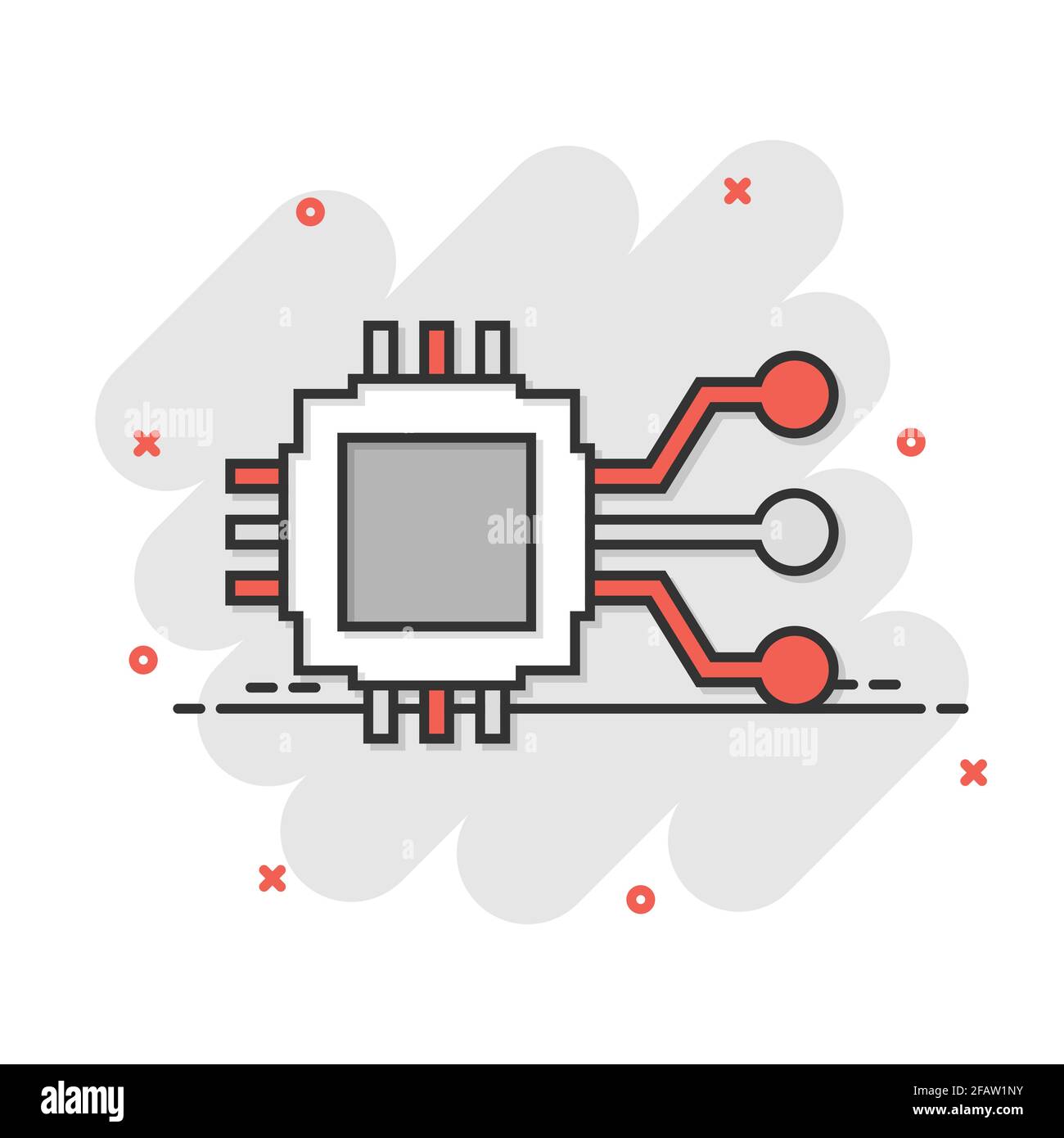 Computer chip icon in comic style. Circuit board cartoon vector illustration on white isolated background. Cpu processor splash effect business concep Stock Vector
