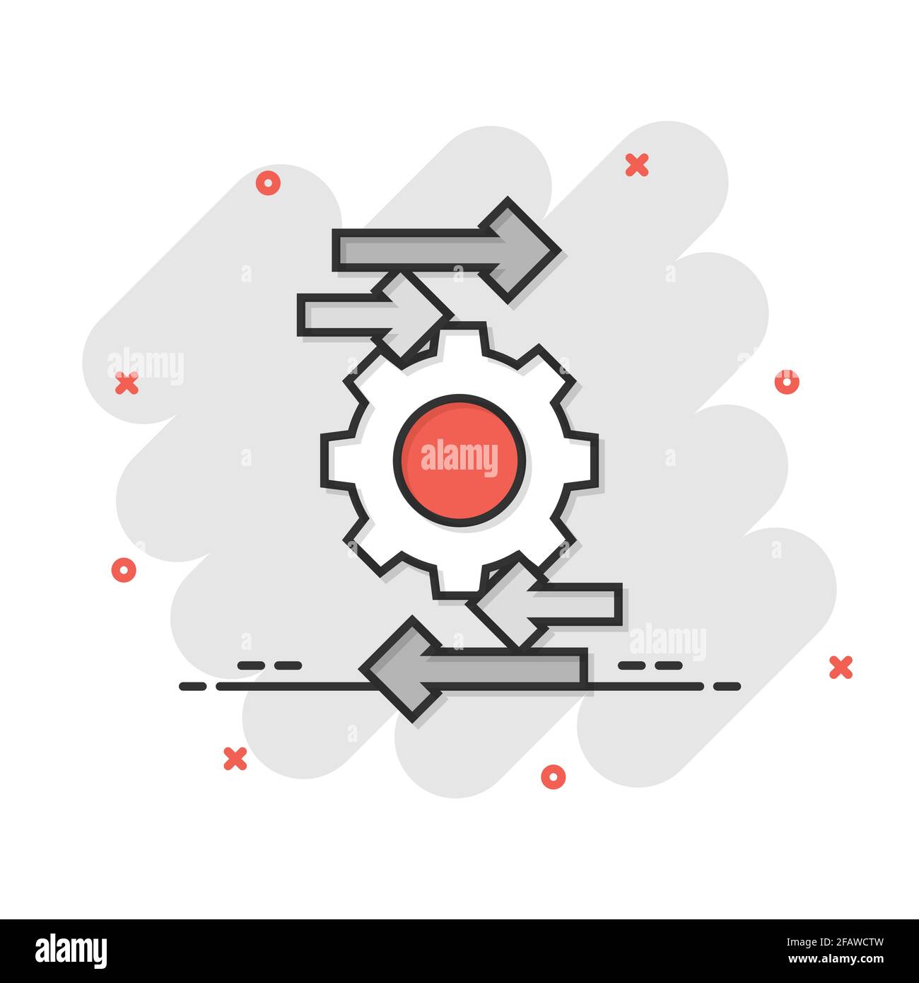 Process icon in comic style. Arrow and gear cartoon vector illustration
