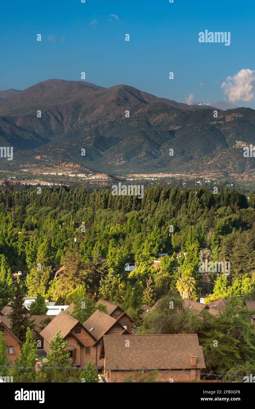View of La Dehesa neighborhood, a very wealthy and exclusive neighborhood in the North-Orient side of Santiago de Chile. Stock Photo