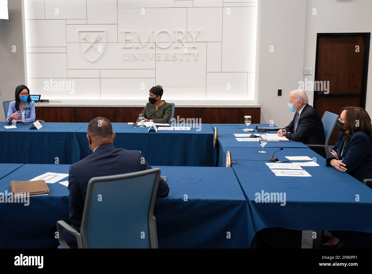 President Joe Biden and Vice President Kamala Harris,  joined by Atlanta Mayor Keisha Lance Bottoms, participate in a listening session with AAPI community leaders Friday, March 19, 2021, at Emory University in Atlanta.  (Official White House Photo by Adam Schultz) Stock Photo