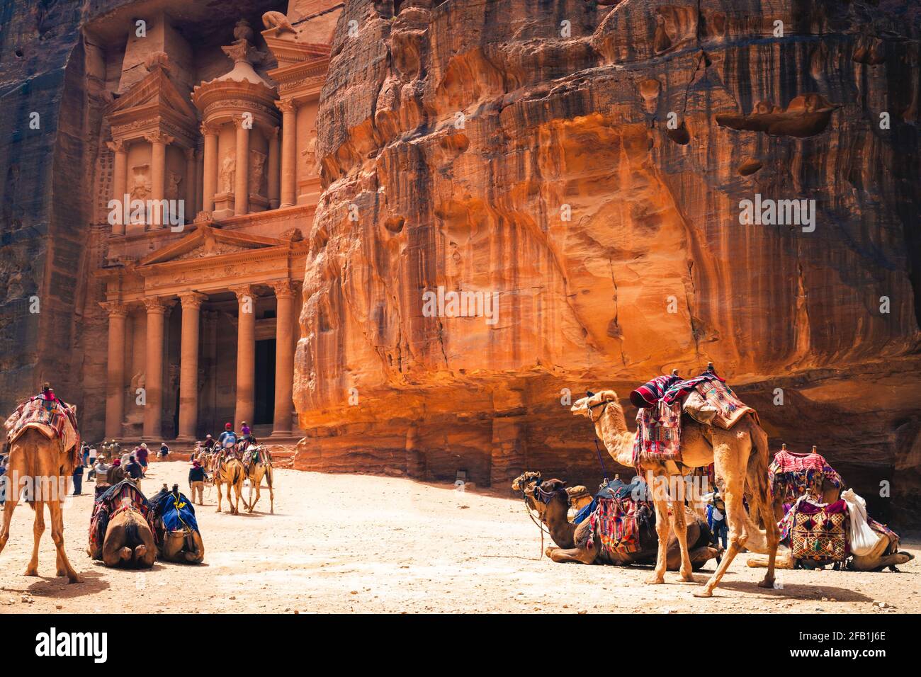 Petra Al Khazneh, aka the Treasury, with Camels in Petra, Jordan Stock Photo