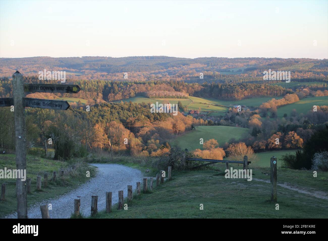 sunset over the Surrey Hills at Newlands Corner Stock Photo Alamy