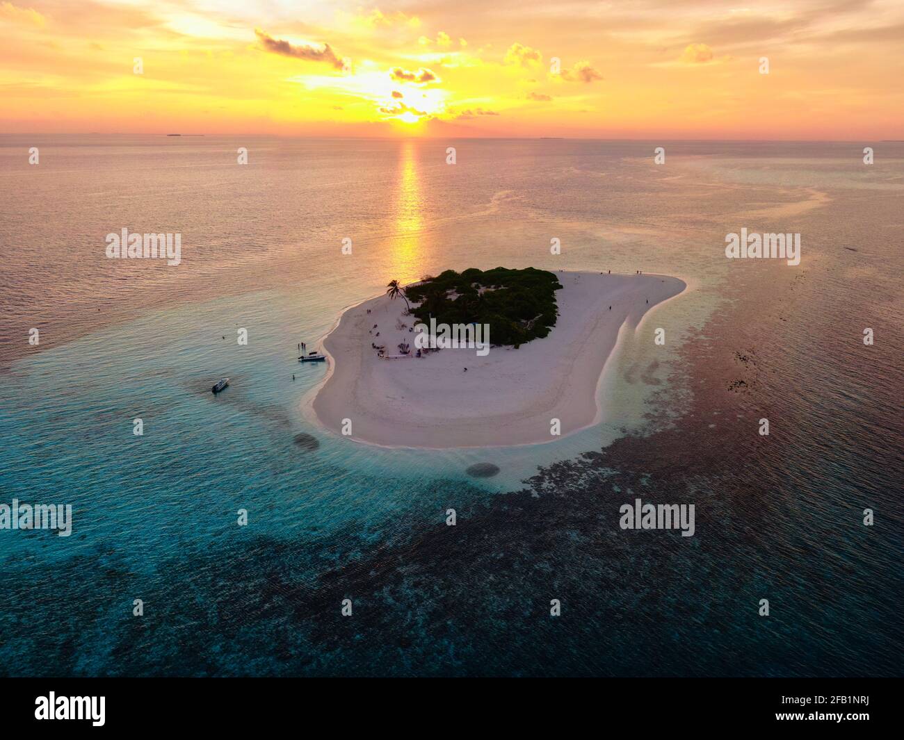 untouched uninhabited small island with palm trees (aerial drone shot) in maldives remote area Stock Photo