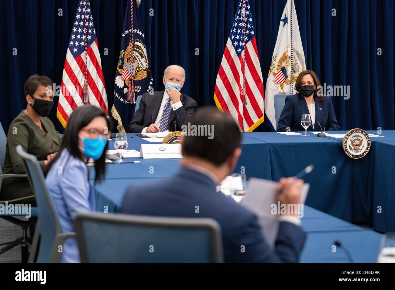 President Joe Biden and Vice President Kamala Harris, joined by Atlanta Mayor Keisha Lance Bottoms, participate in a listening session with AAPI community leaders Friday, March 19, 2021, at Emory University in Atlanta.  (Official White House Photo by Adam Schultz) Stock Photo