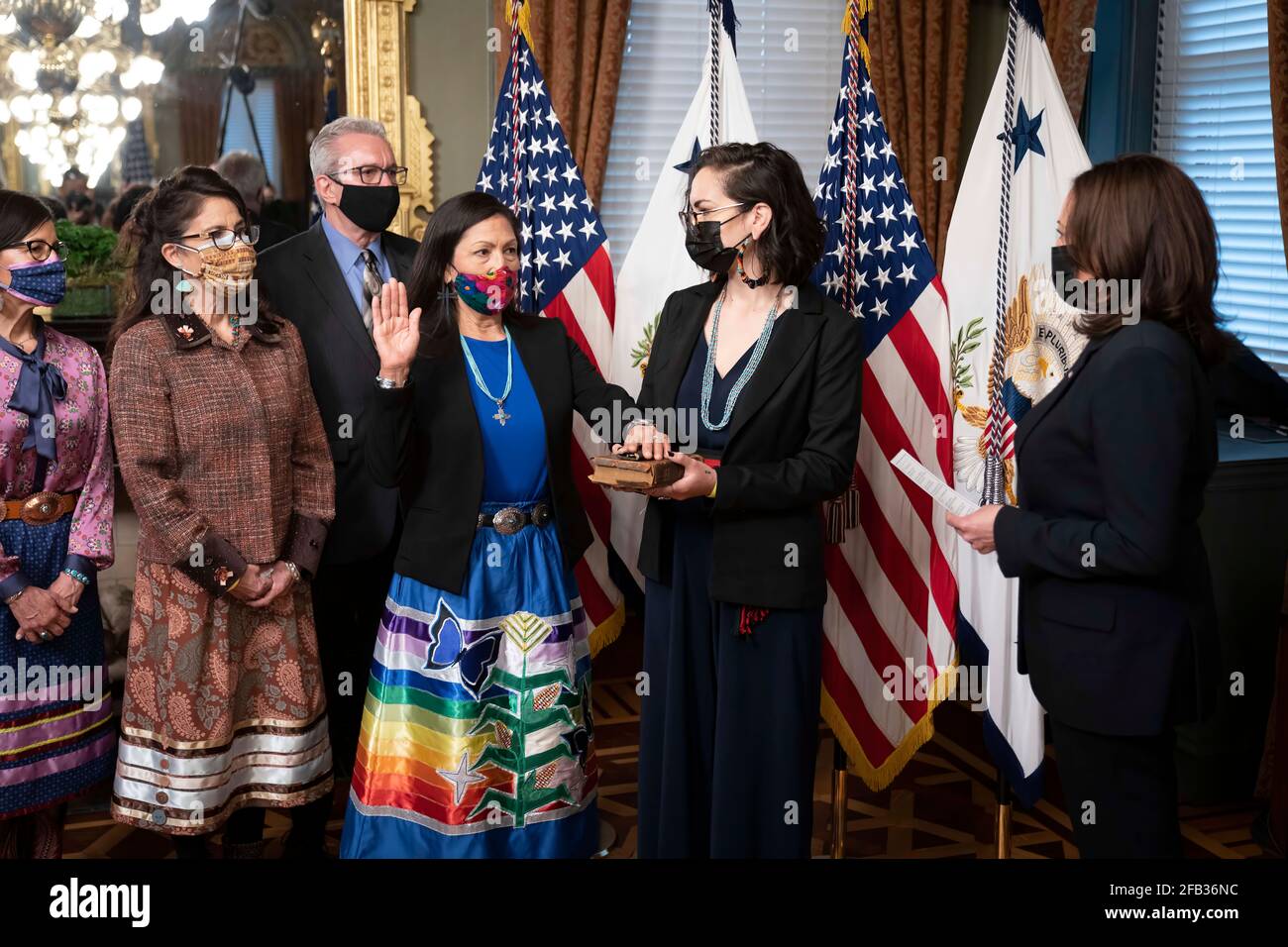 Vice President Kamala Harris swears-in Deb Haaland as Secretary of the Interior Thursday, March 18, 2021, in the Vice President’s Ceremonial Office in the Eisenhower Executive Office Building at the White House. (Official White House Photo by Lawrence Jackson) Stock Photo