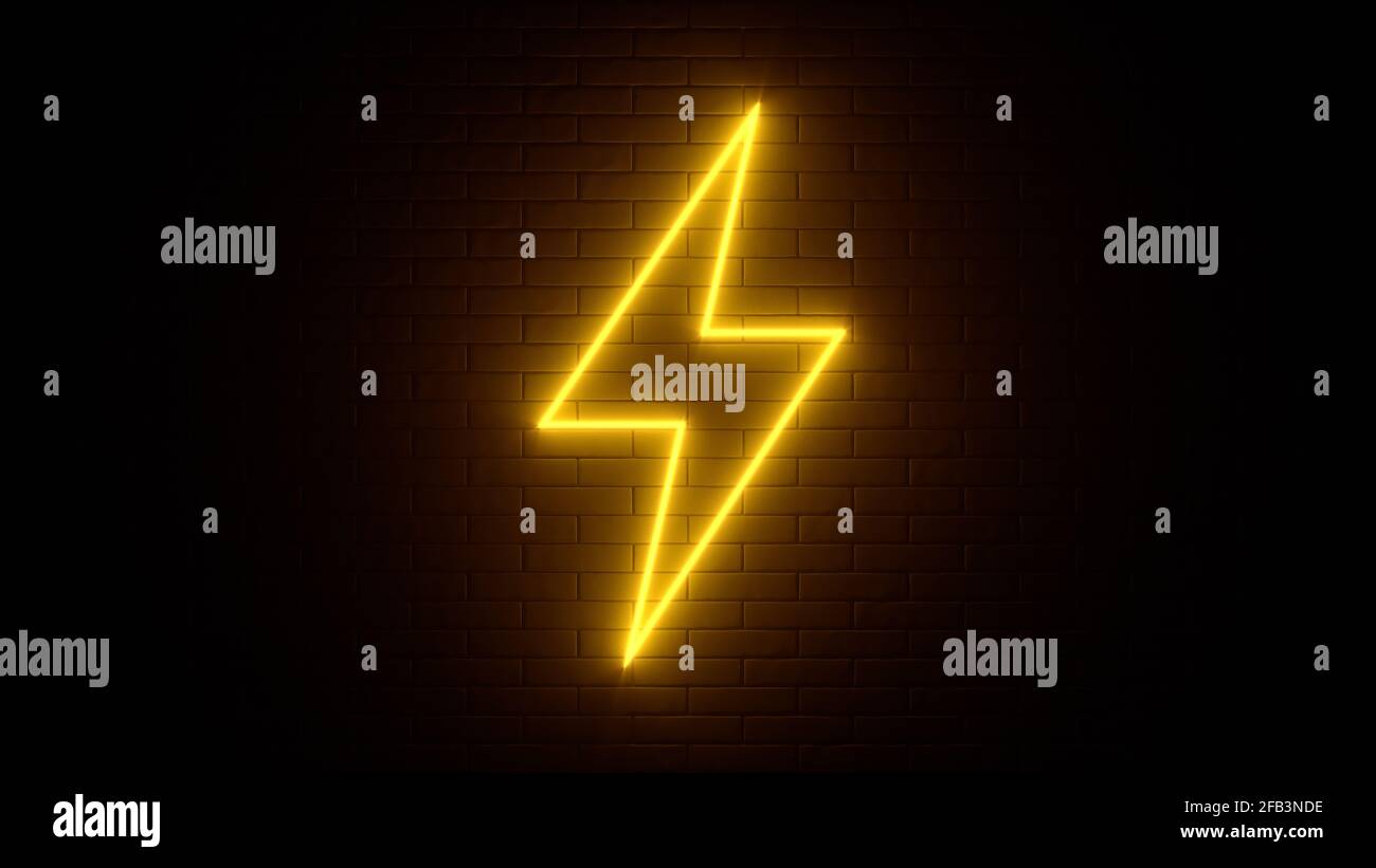 Neon sign on a brick wall. Glowing lightning charge icon. Abstract background, spectrum vibrant colors. 3d render illustration. Stock Photo