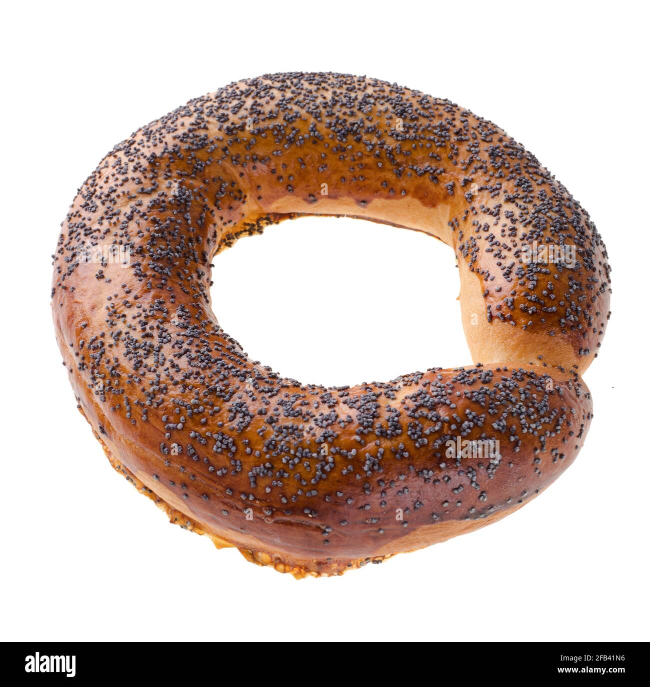 Ruddy bagel with top sprinkled with poppy seeds, on a white background in isolation Stock Photo