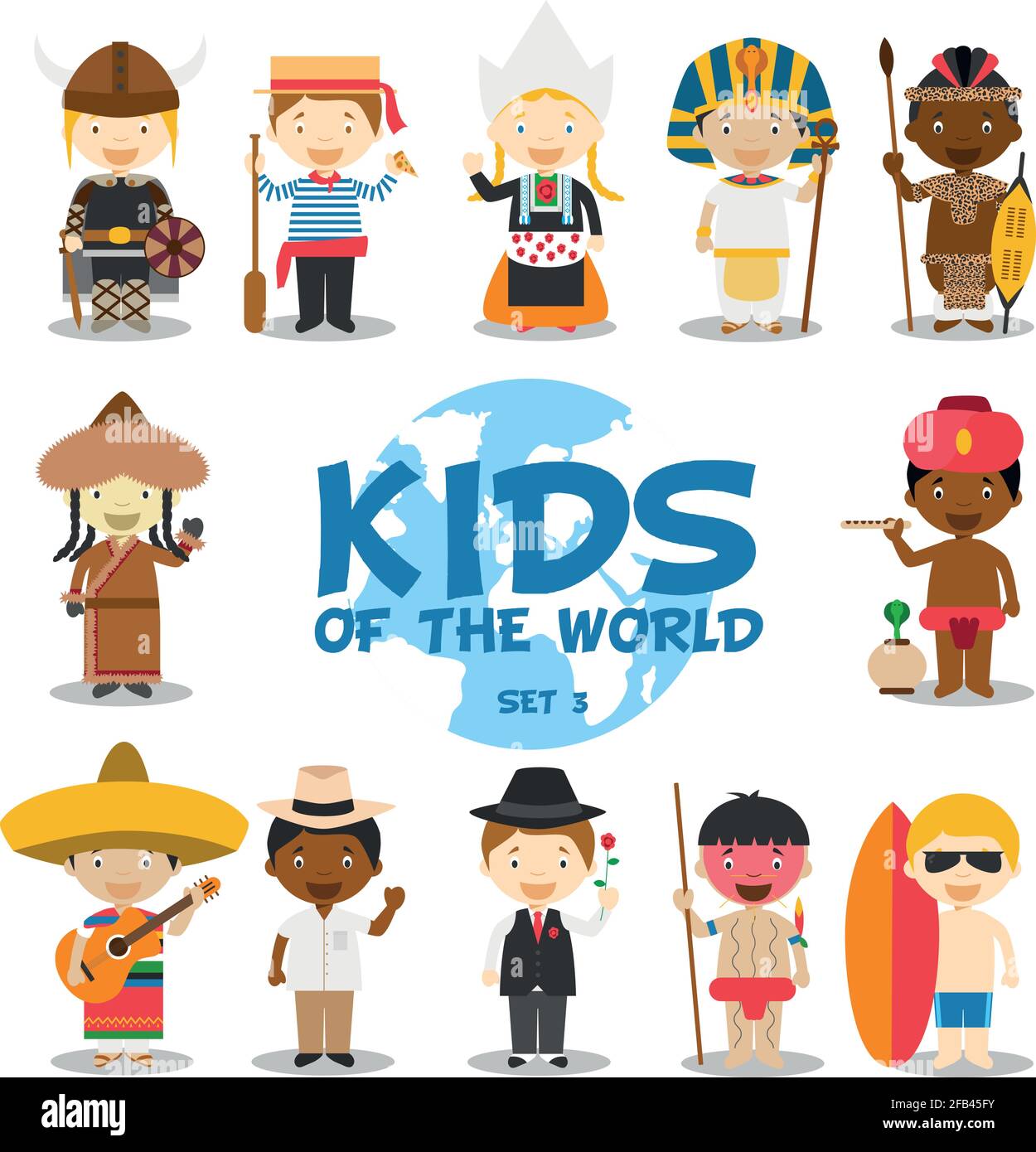 Kids of the world vector illustration: Nationalities Set 3. Set of 12 characters dressed in different national costumes (Sweden, Italy, Holland, Egypt Stock Vector