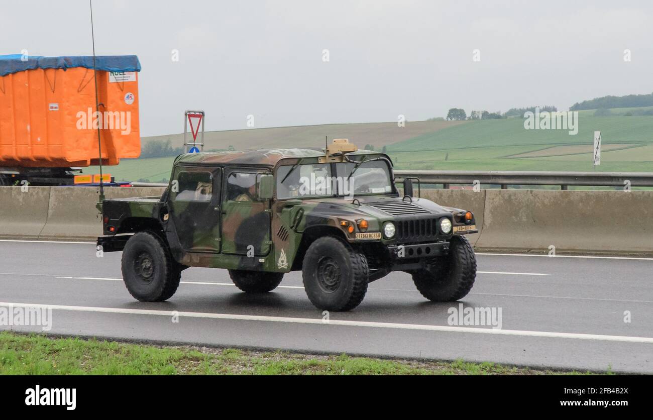 neulengbach, austria, 29 may 2019, hummer h1 at an american military convoy on the austrian highwax a1 westautobahn Stock Photo