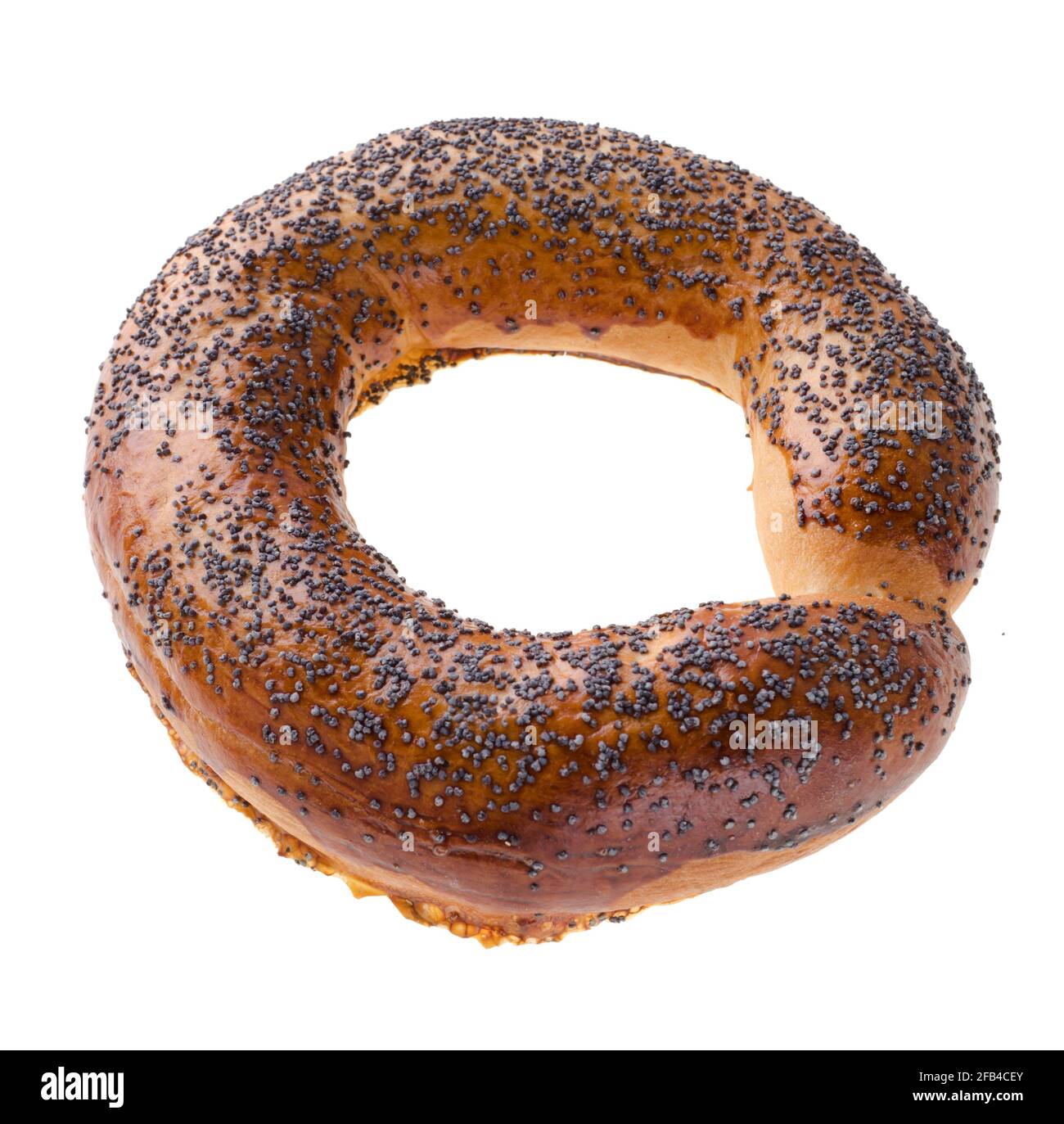 Ruddy bagel with top sprinkled with poppy seeds, on a white background in isolation Stock Photo