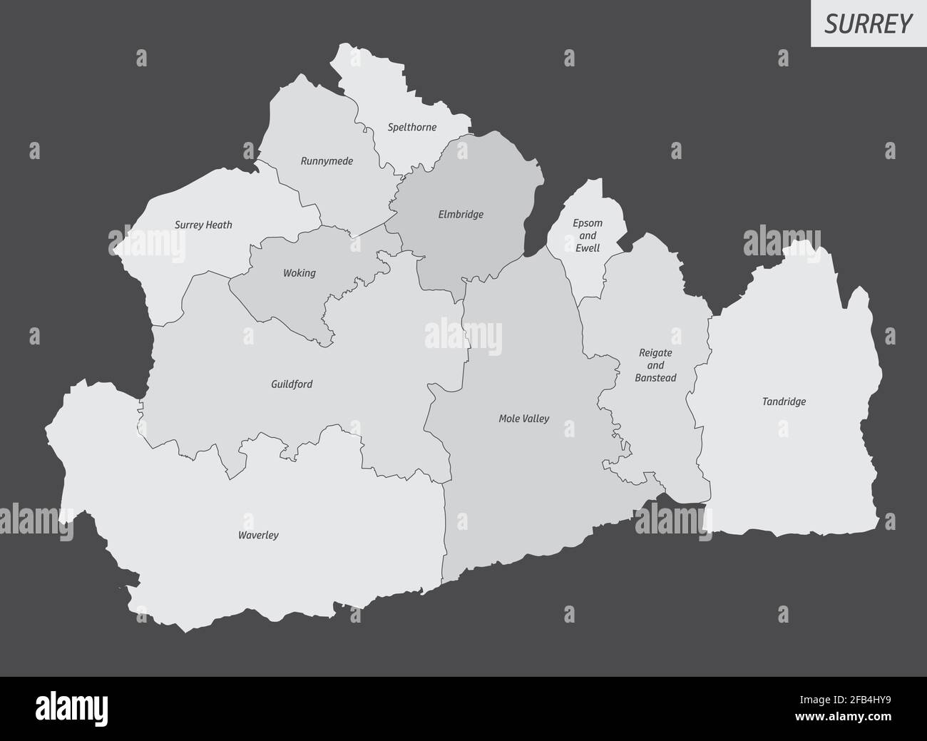 Map Of Surrey Boroughs The Surrey County, Isolated Map Divided In Districts With Labels, England  Stock Vector Image & Art - Alamy