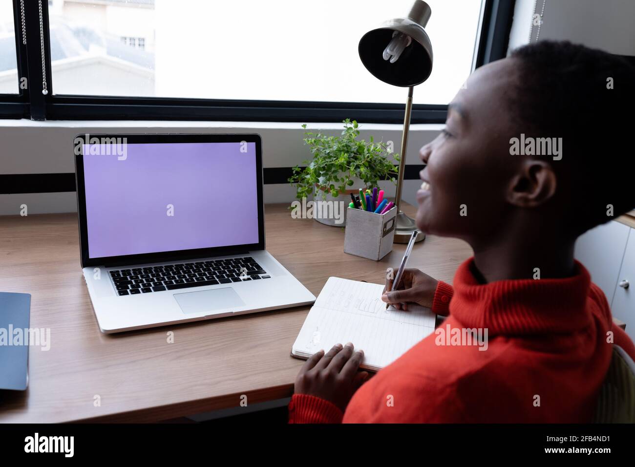 Call Write Notes Happy african american businesswoman having video call writing notes ...