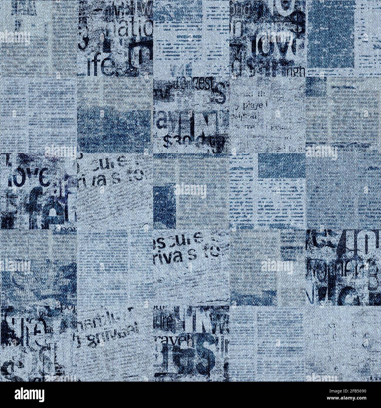 Jeans fashion background. Denim blue grunge seamless texture with newspaper  print. Textile fabric material cotton pattern Stock Photo - Alamy