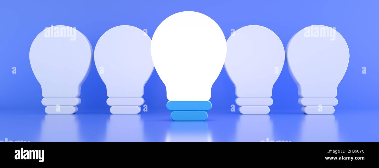 One glowing light bulb standing out from the unlit incandescent bulbs ...