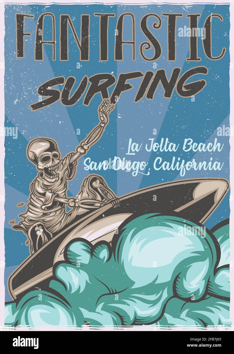T-shirt or poster design with illustration of skeleton on surfing board Stock Vector
