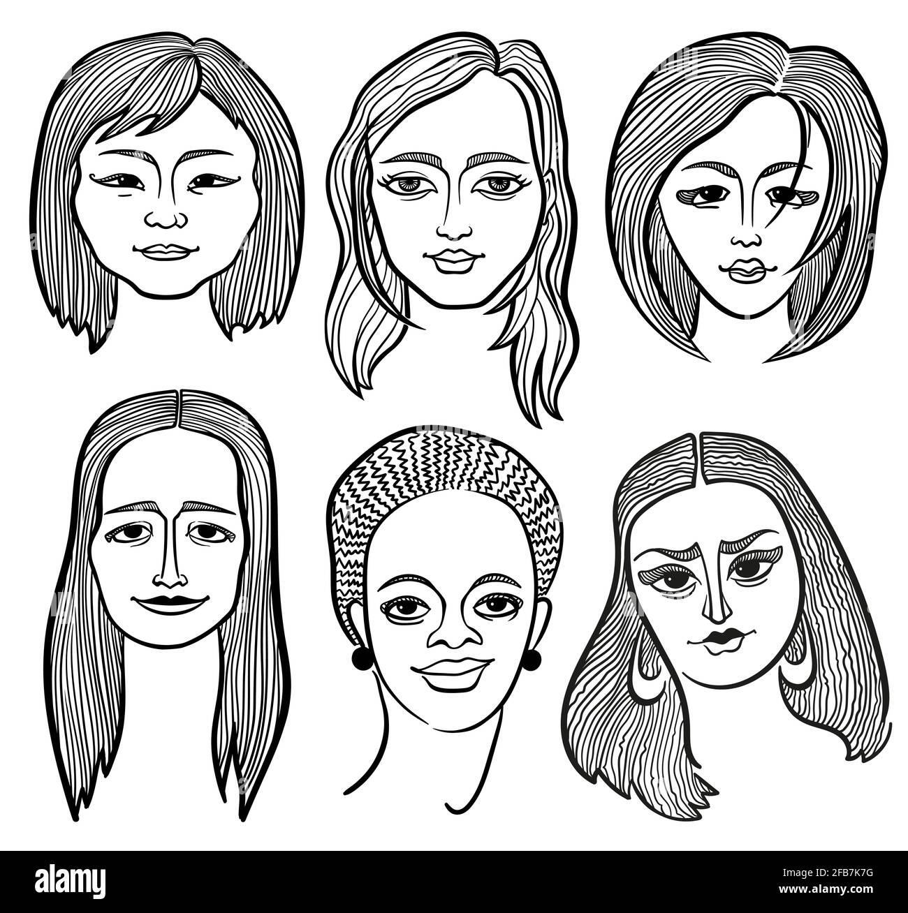 Six female faces of different appearances. Black and white linear portraits Stock Vector