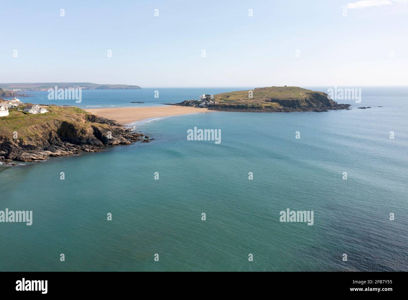 Burgh Island at low tide, Bigbury, South Devon. When the tide is in the island is only accessible by a purpose built tractor. Stock Photo