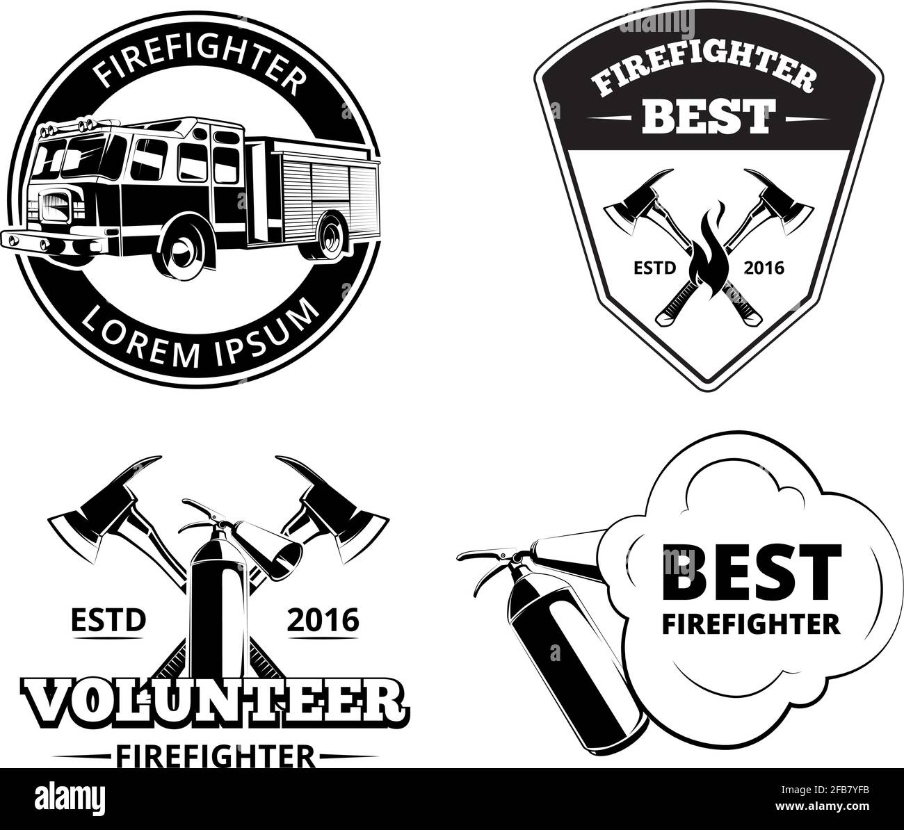 Fire Department Firefighter Labels And Badges Vector Set Protection Fire Emblems Stock Vector