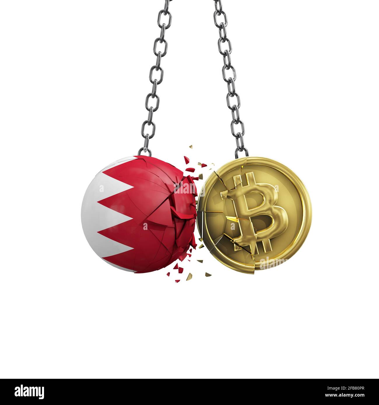 Bahrain flag smashing into a gold bitcoin crypto coin. 3D Rendering Stock Photo