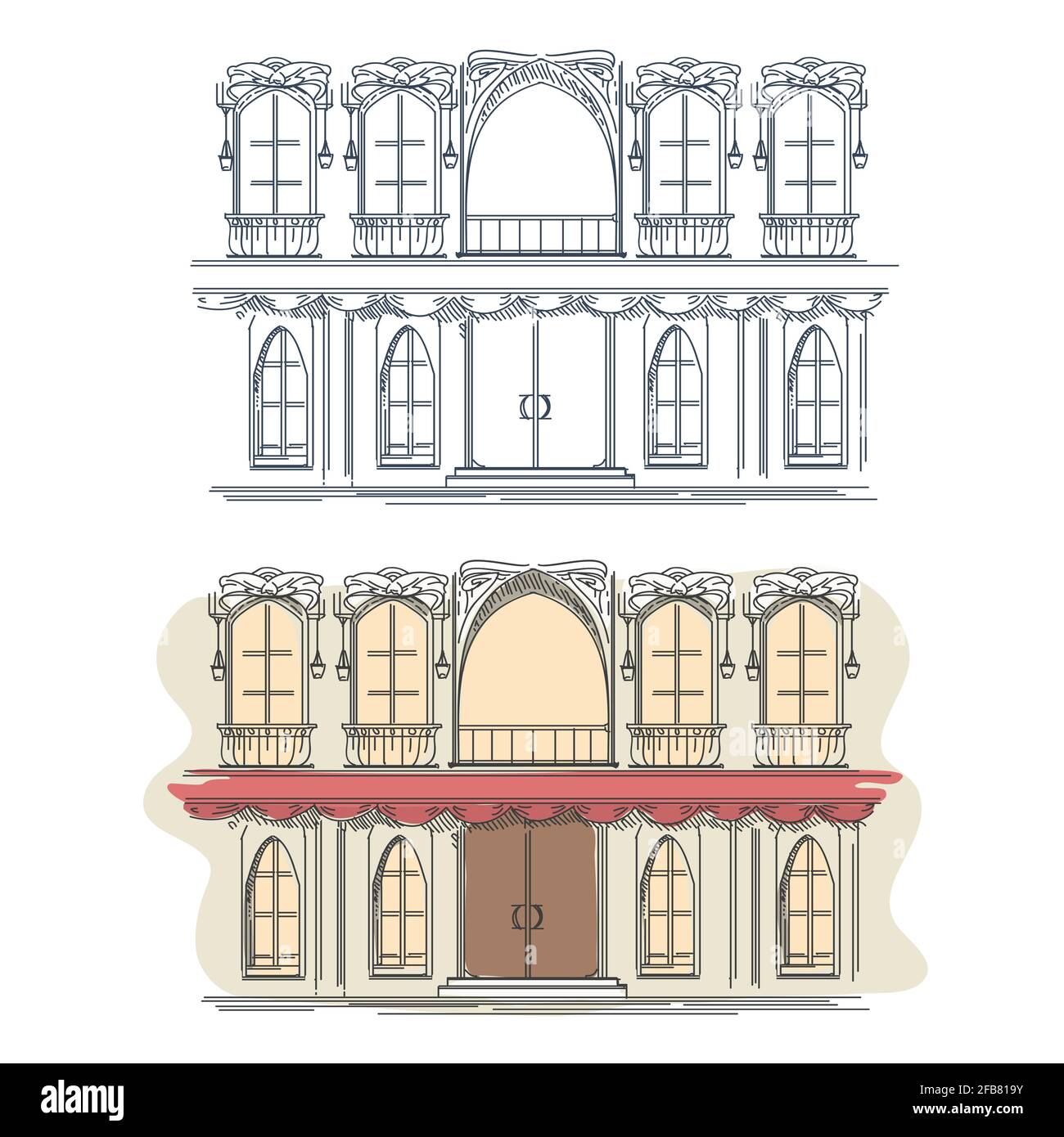 Front of the house in french retro style. Architecture house front building facade front, french house front, street house front. Vector illustration Stock Vector