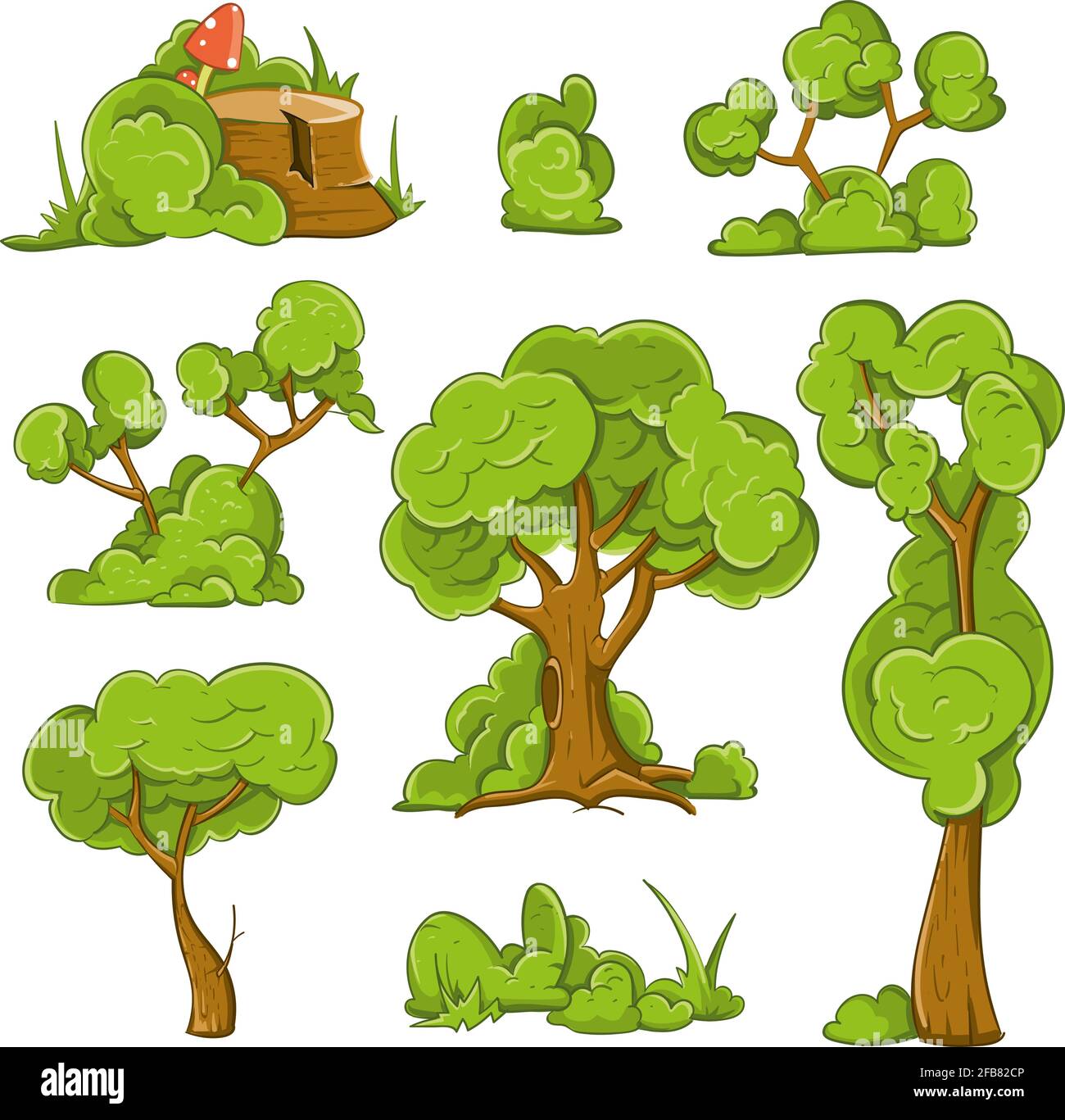 Cartoon trees and bushes vector set. Plant tree, bush and green tree