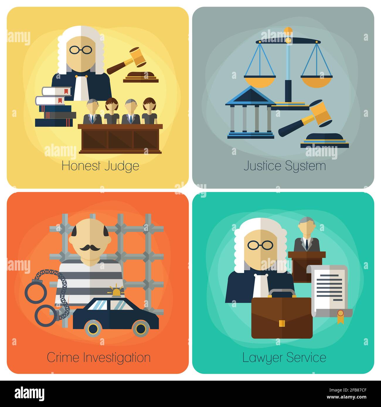 legal services, law and order, justice vector flat concept set Stock
