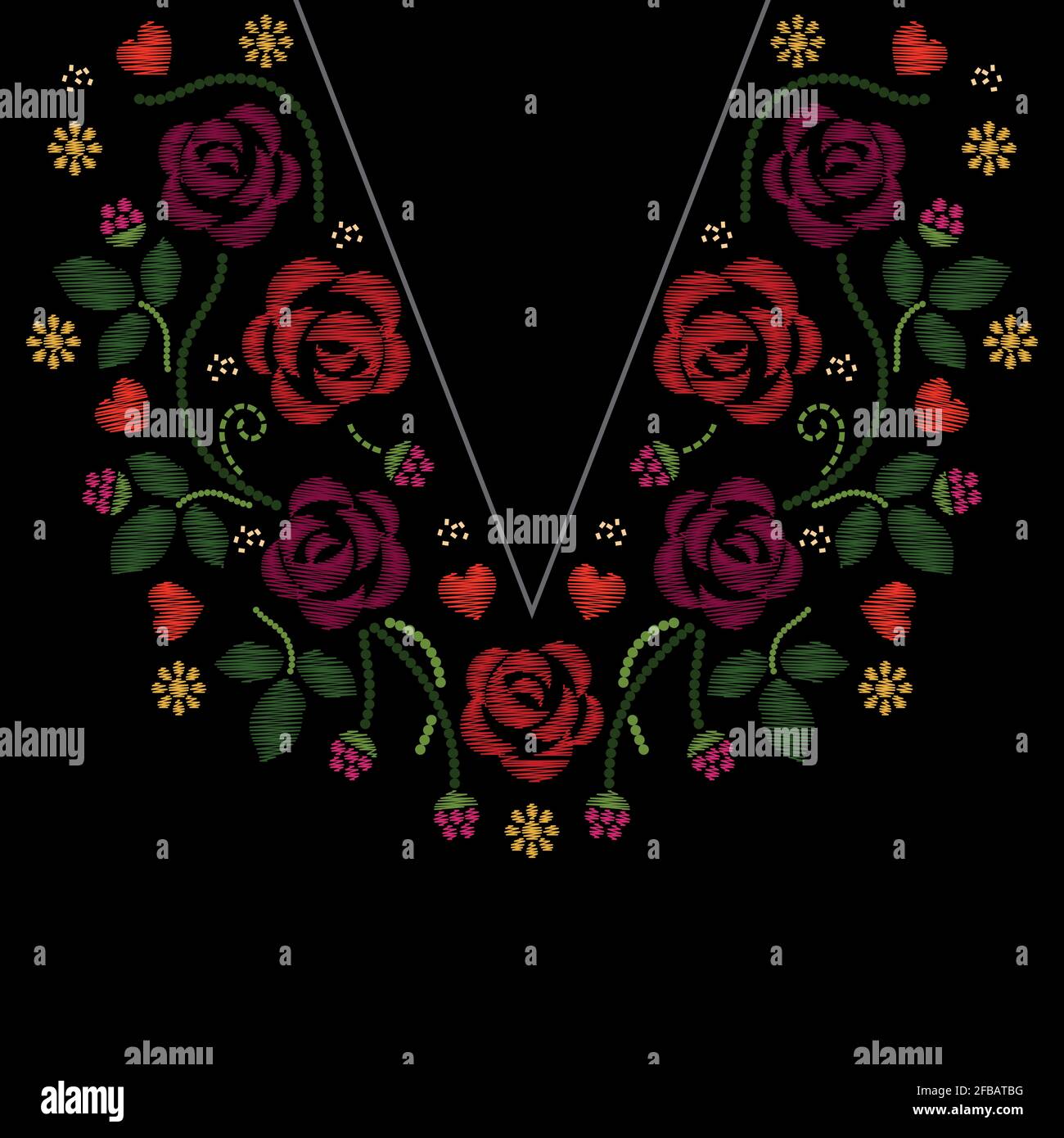 Neck line embroidery with roses flowers vector illustration. Foliage