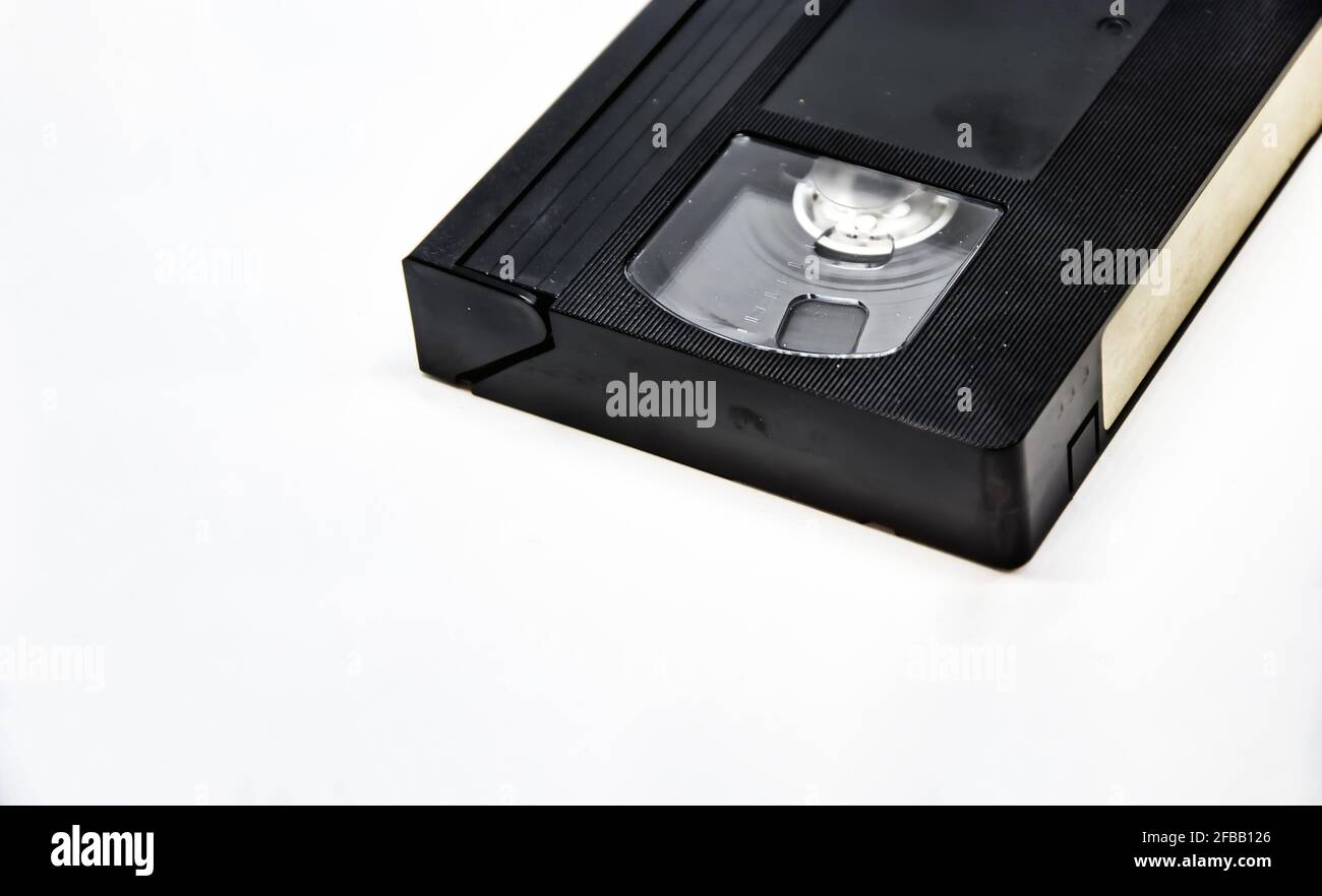 Closeup view of a VHS format videotape. VHS is a standard analog video