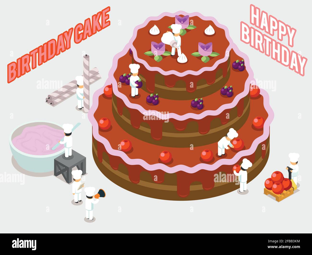Birthday sweet food decoration. Isometric vector people decorate a cake