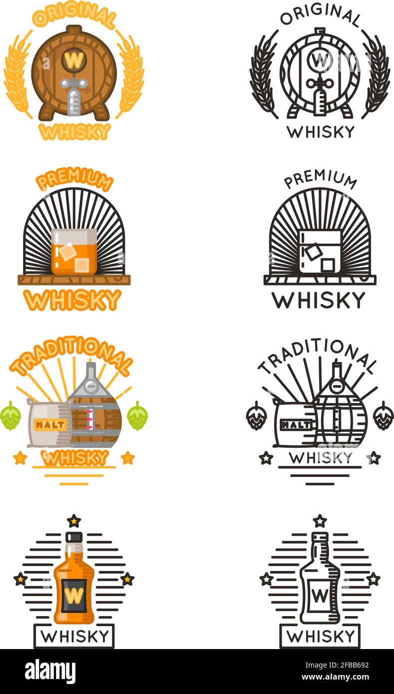 Whisky logo set. Vector whiskey alcohol drinks logotypes for distilleries and whiskey bars illustration Stock Vector