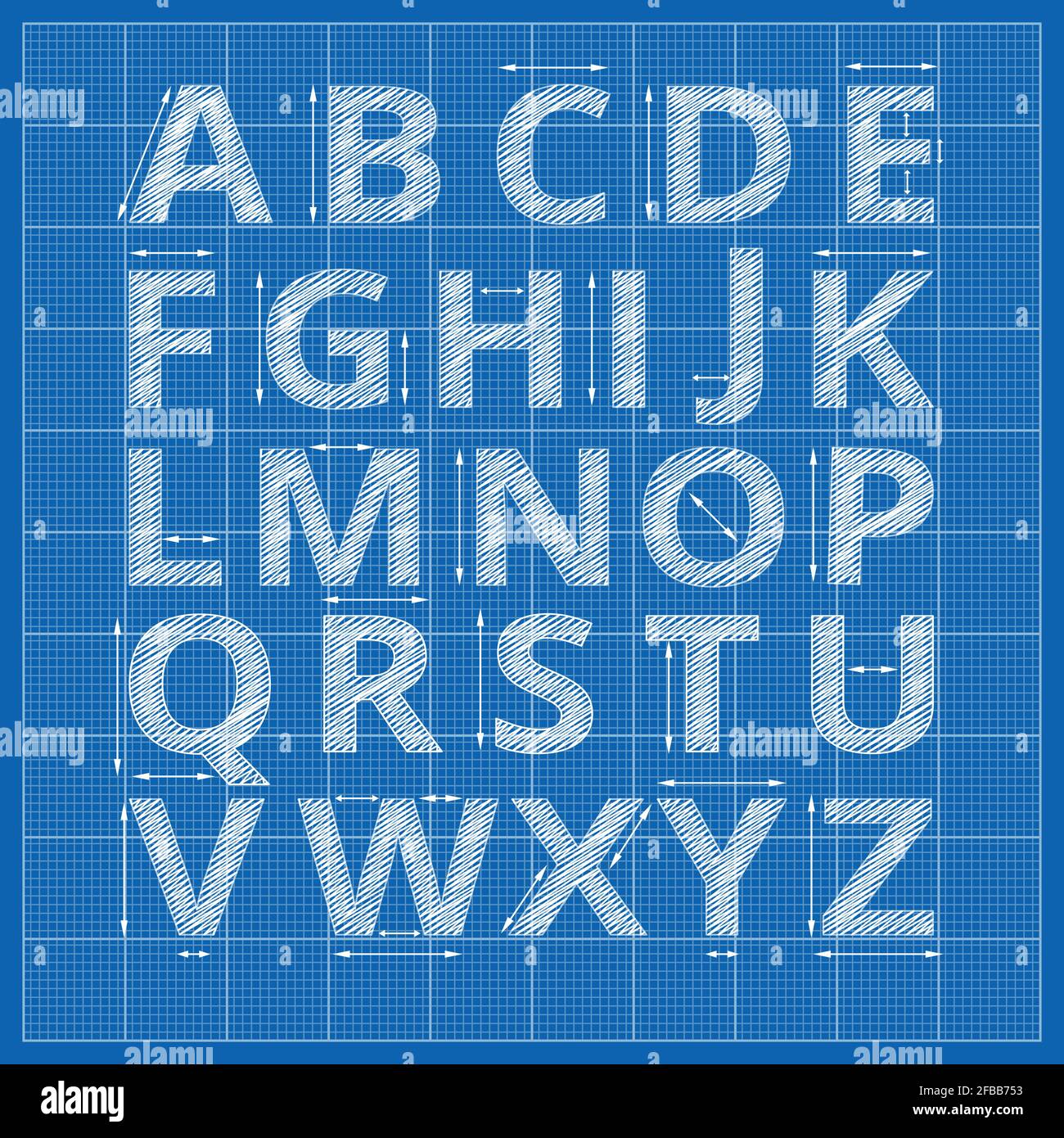 Blueprint alphabet. Vector drafting blueprint paper letters. Sketch alphabet artistic with arrow measurement illustration Stock Vector