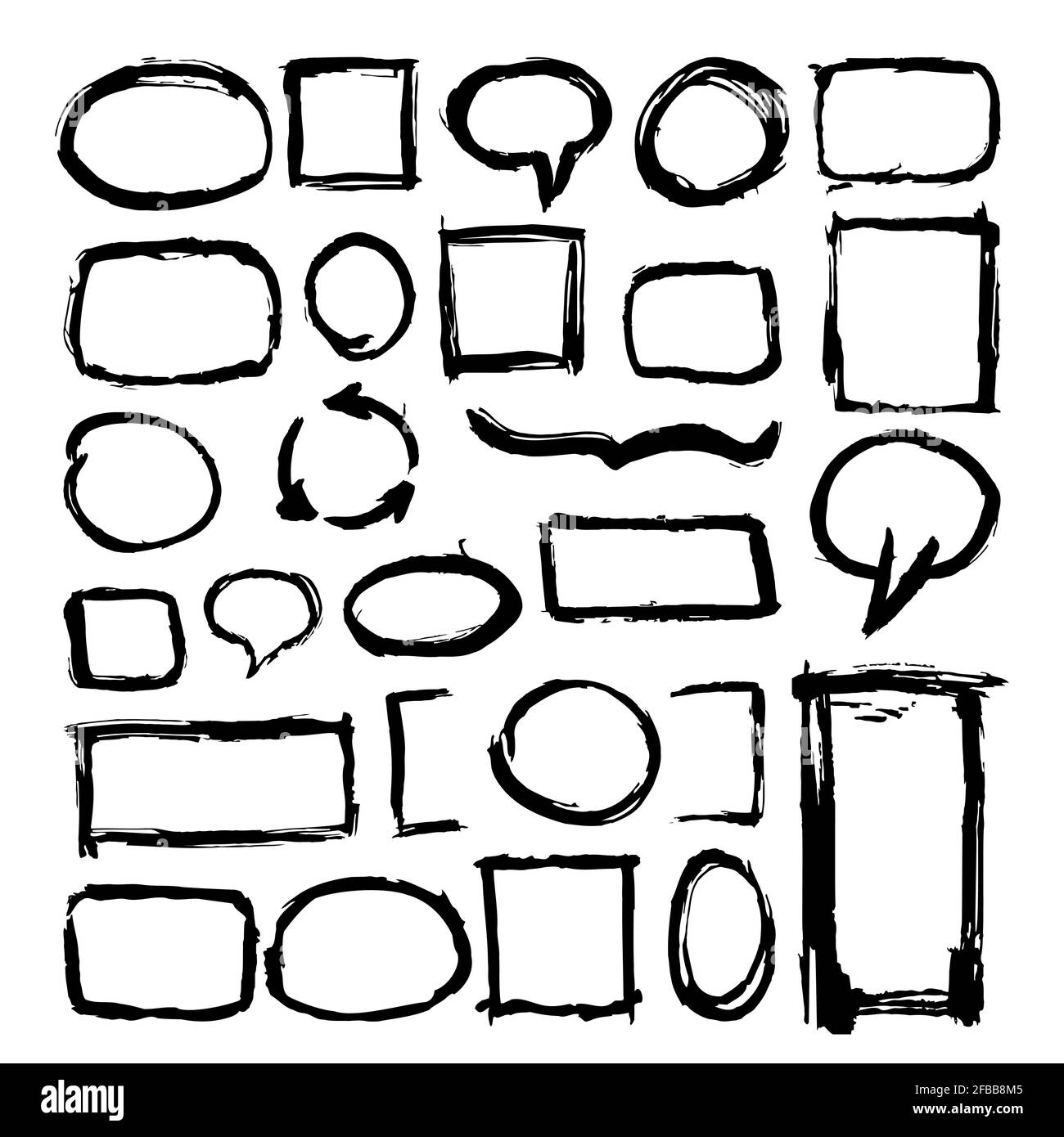 Hand drawn rough paintbrush frames isolated on white background. Frame grunge brush, sketch