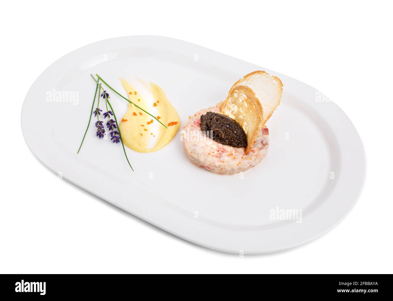 Salmon tartare with black truffle sauce and delicious mousse. Isolated on a white background. Stock Photo