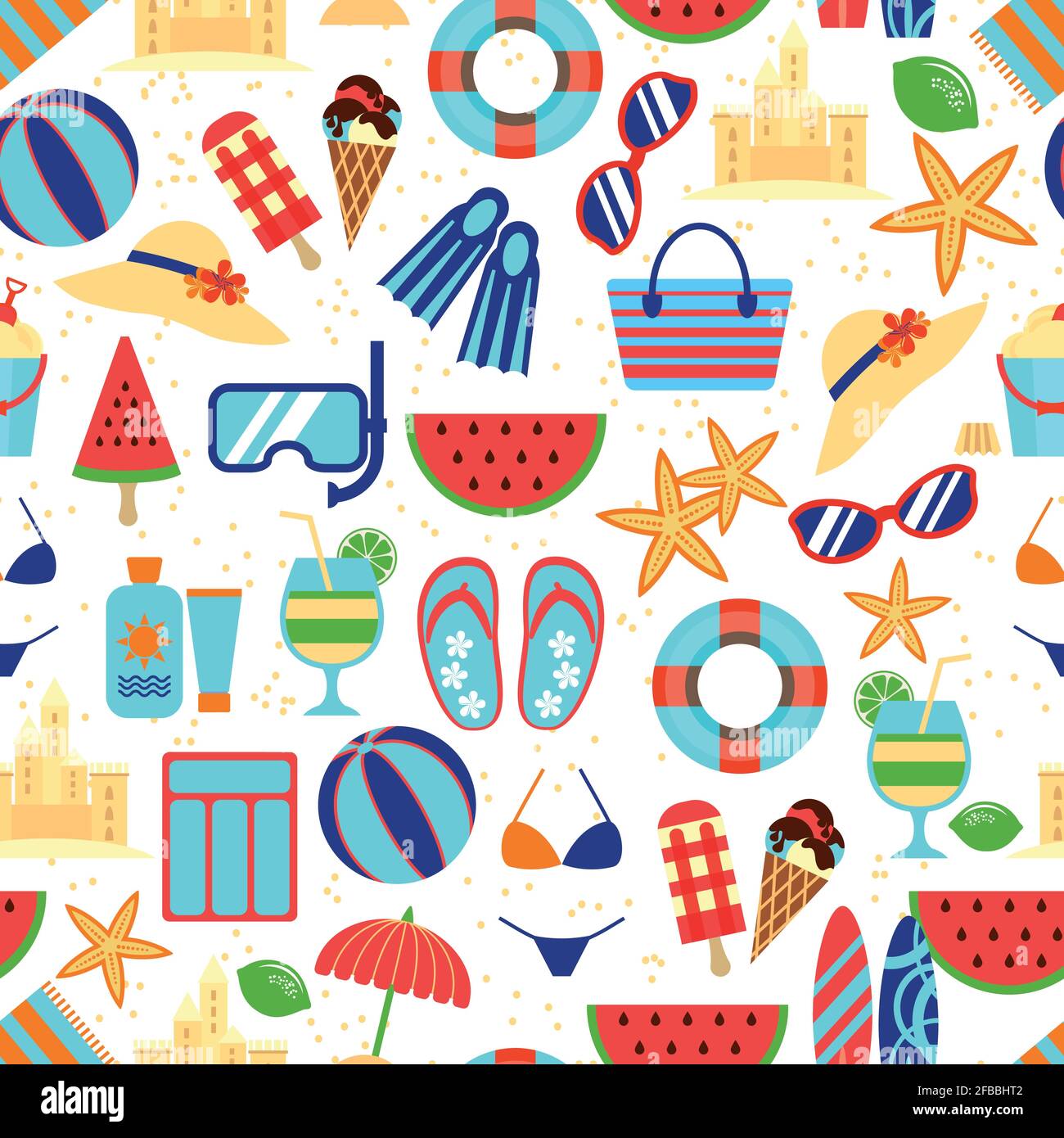 Summer beach pattern with umbrella and starfish, sunglasses and sandcastles. Seamless summer travel pattern and vacation summer time. Vector illustrat Stock Vector