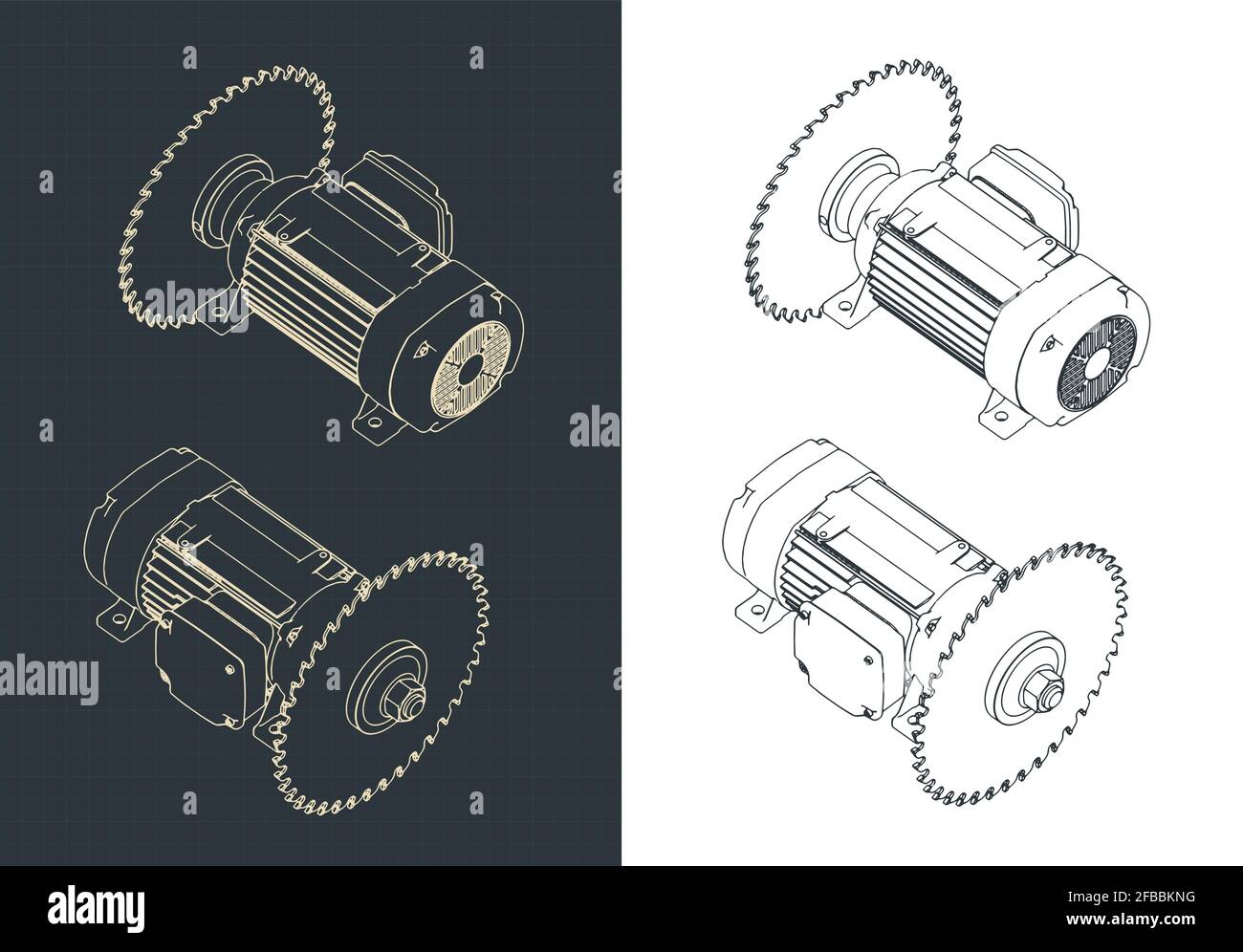 Stylized vector illustration of saw blade and motor isometric drawings