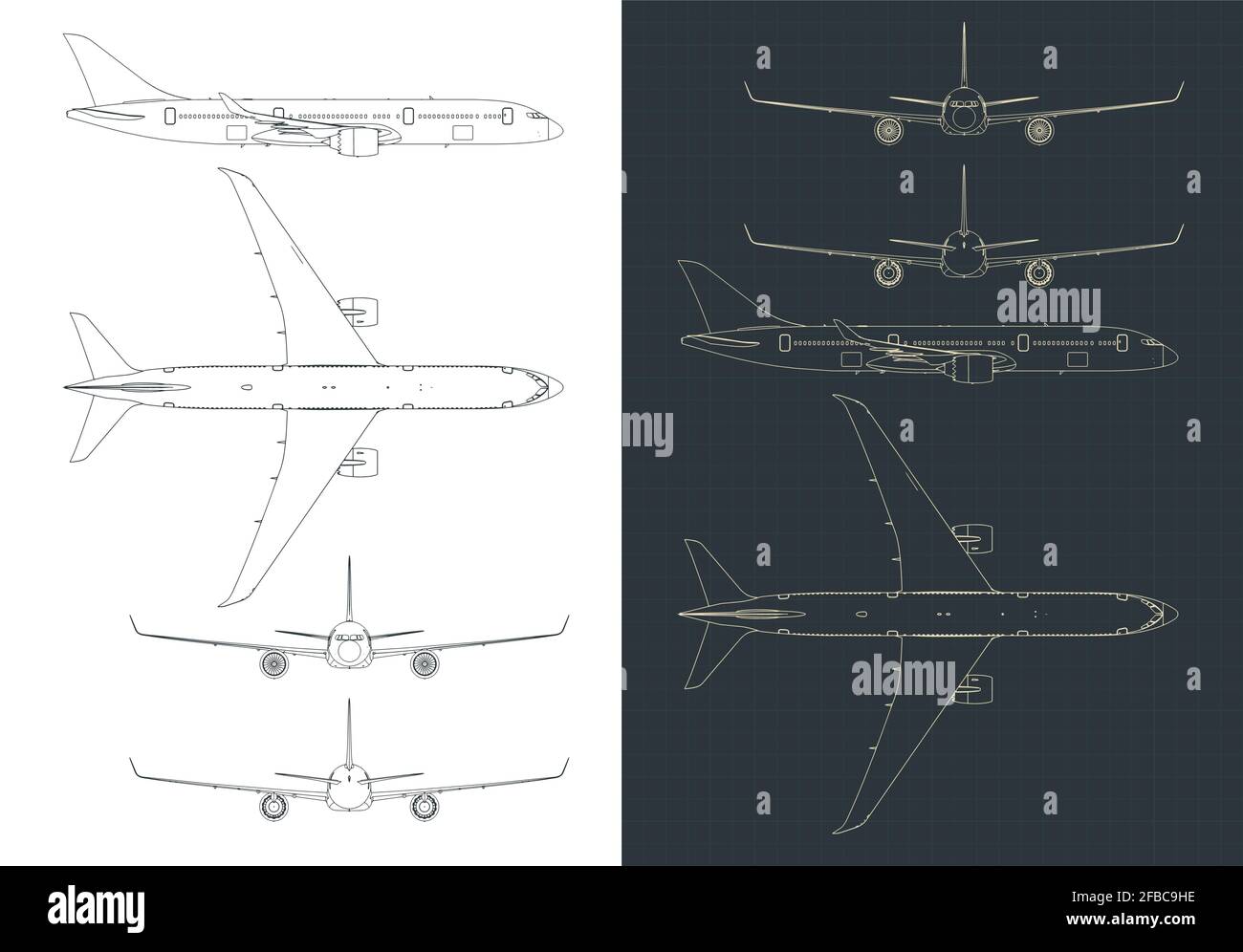 Stylized vector illustrations of commercial passenger airplane drawings Stock Vector