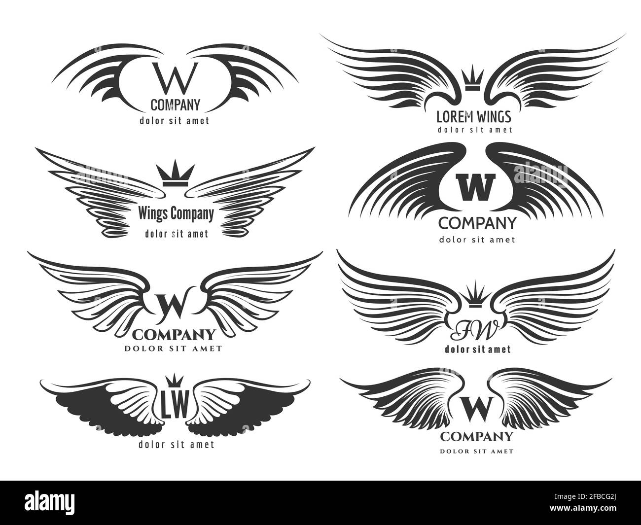 Wings logotype set. Bird wing or winged logo design isolated on white