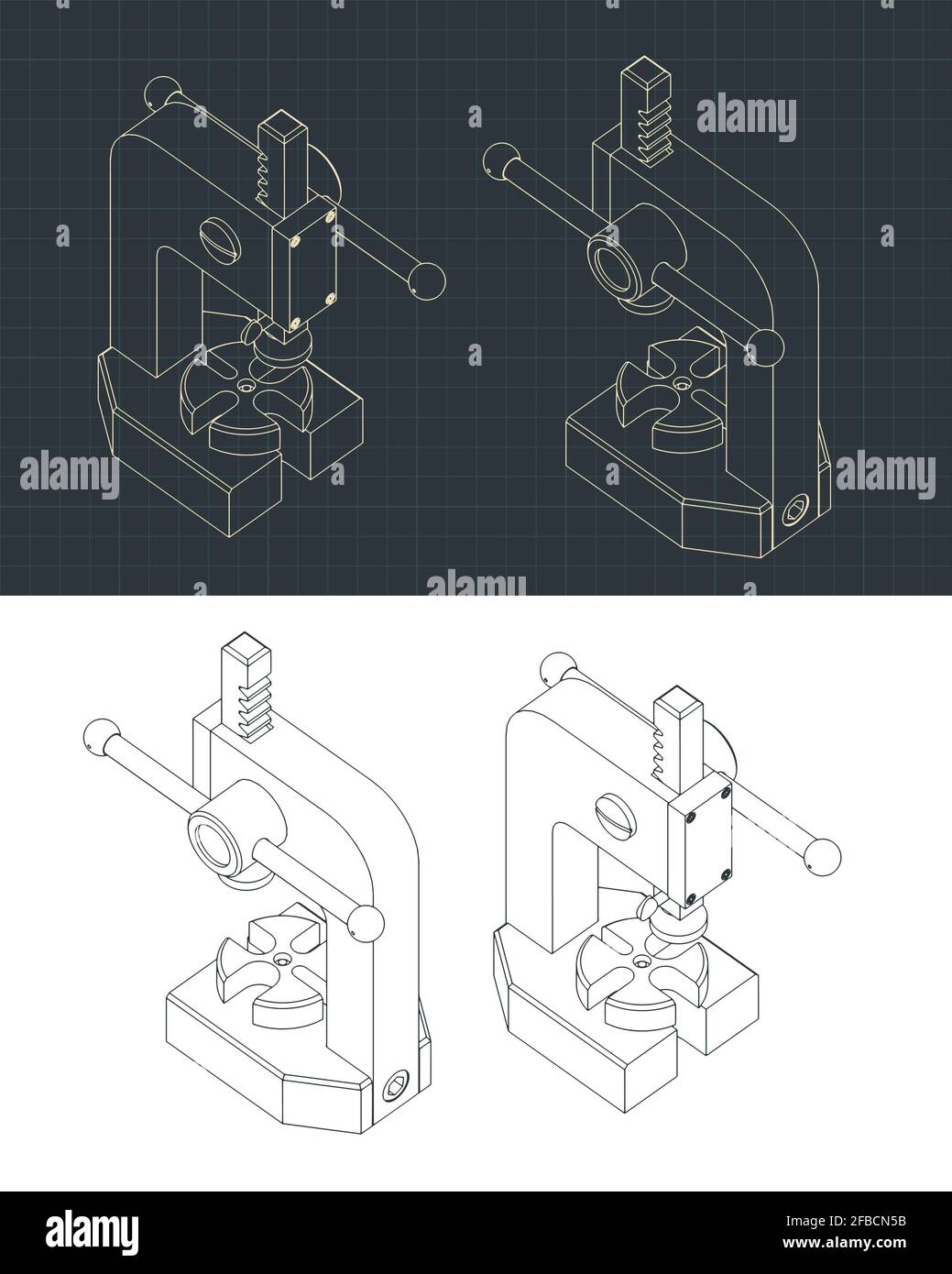 Stylized vector illustrations of hand press isometric drawings Stock ...