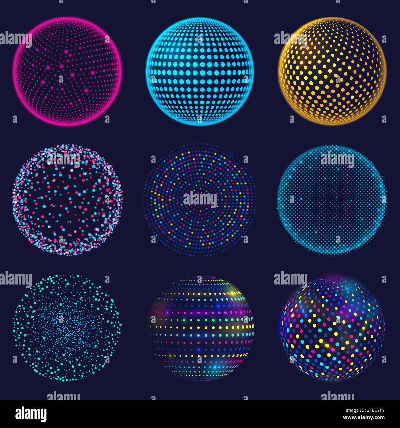 Dotted neon 3d sphere. Abstract atomic dotted spheres, 3d grid glowing spherical shapes vector illustration set. Digital neon sphere balls Stock Vector