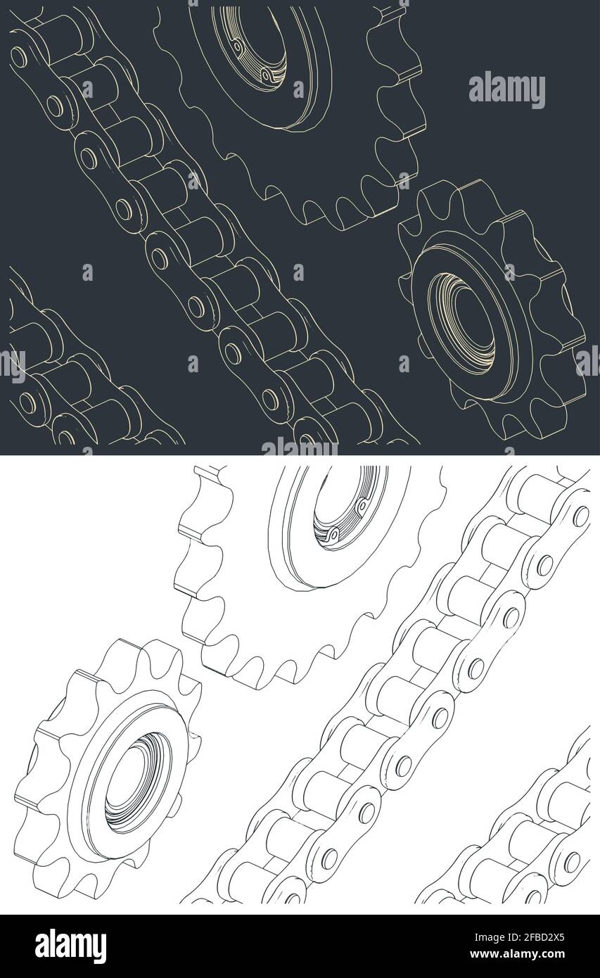 Stylized vector illustration of drawings of chains and sprockets close
