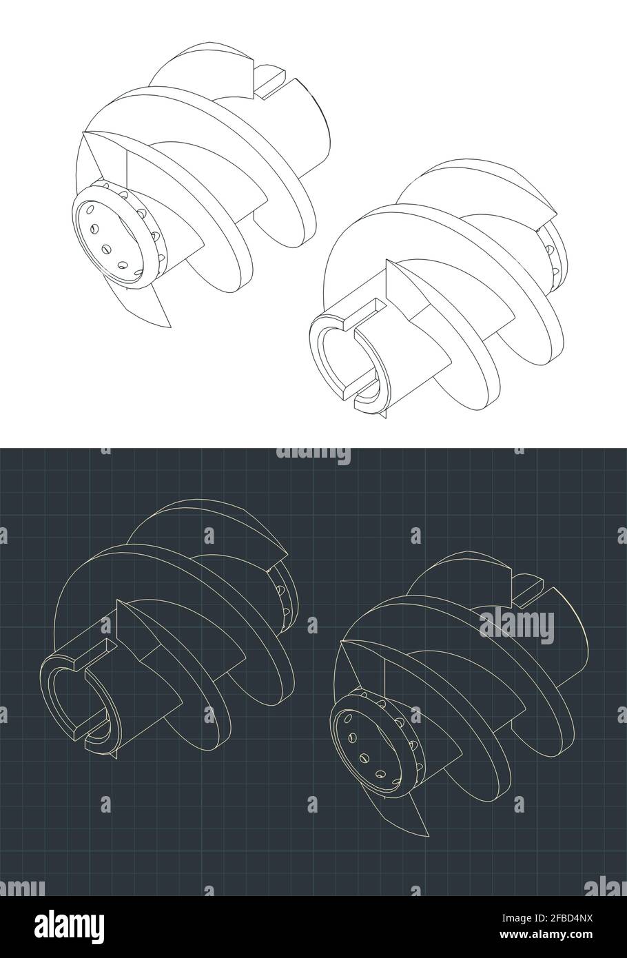 Stylized vector illustration of isometric drawings of inducer for cryogenic pump Stock Vector