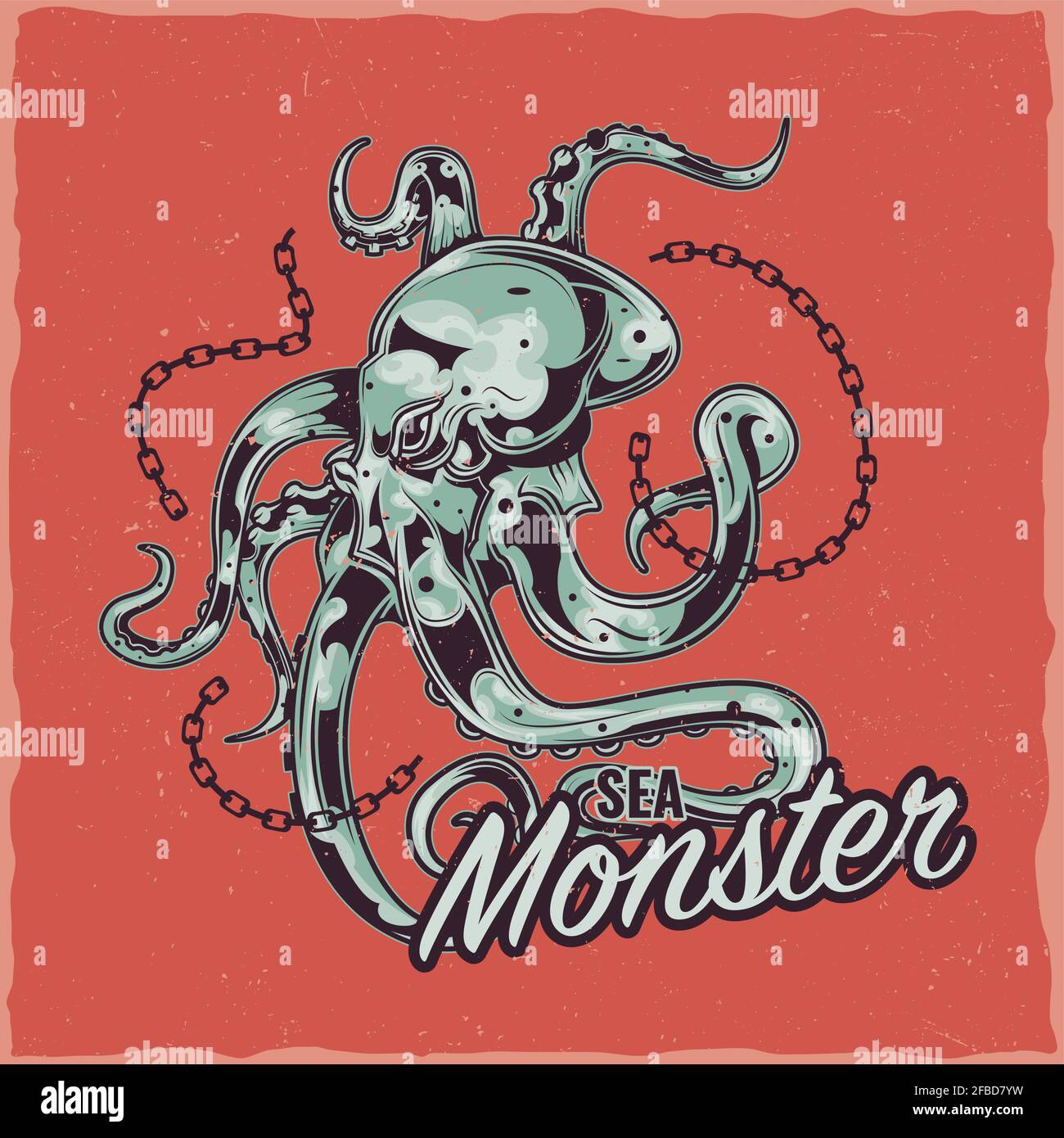 T shirt label design with illustration of octopus Stock Vector