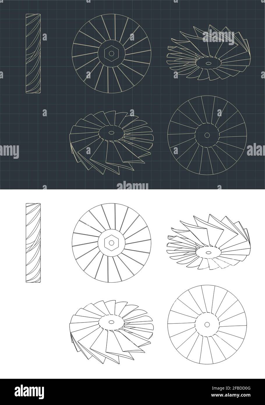 Stylized vector illustration of turbine rotor drawings Stock Vector